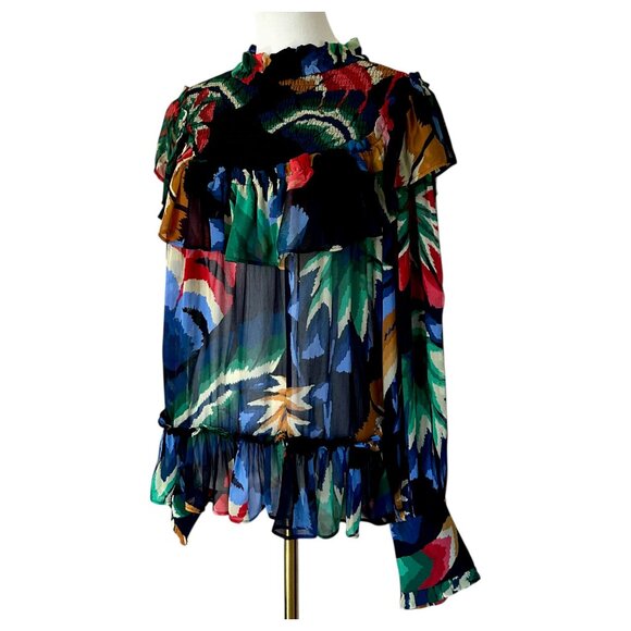 Farm Rio Smocked Ruffle Blouse Black Multi Long Sleeve S - Picture 4 of 13